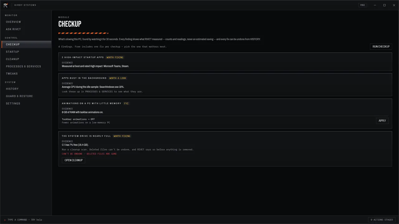 RIVET Checkup screen listing what is slowing the PC down, with a fix for each item