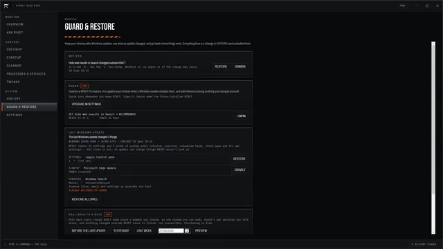 RIVET Guard and Restore screen, which watches for Windows updates that change settings
